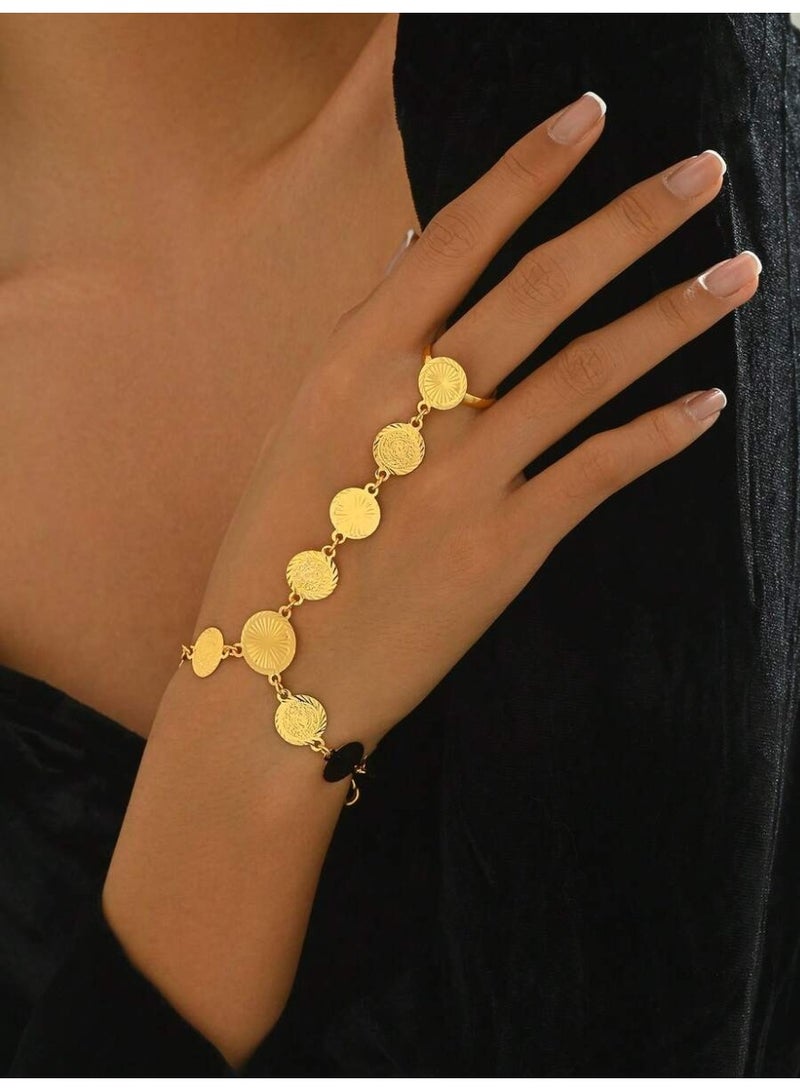 زينة يوم التأسيس السعودي إكسسوار سوار يد مع خاتم بتصميم عملات ذهبية طولية – إطلالة تراثية فاخرة للمناسبات - Image 2